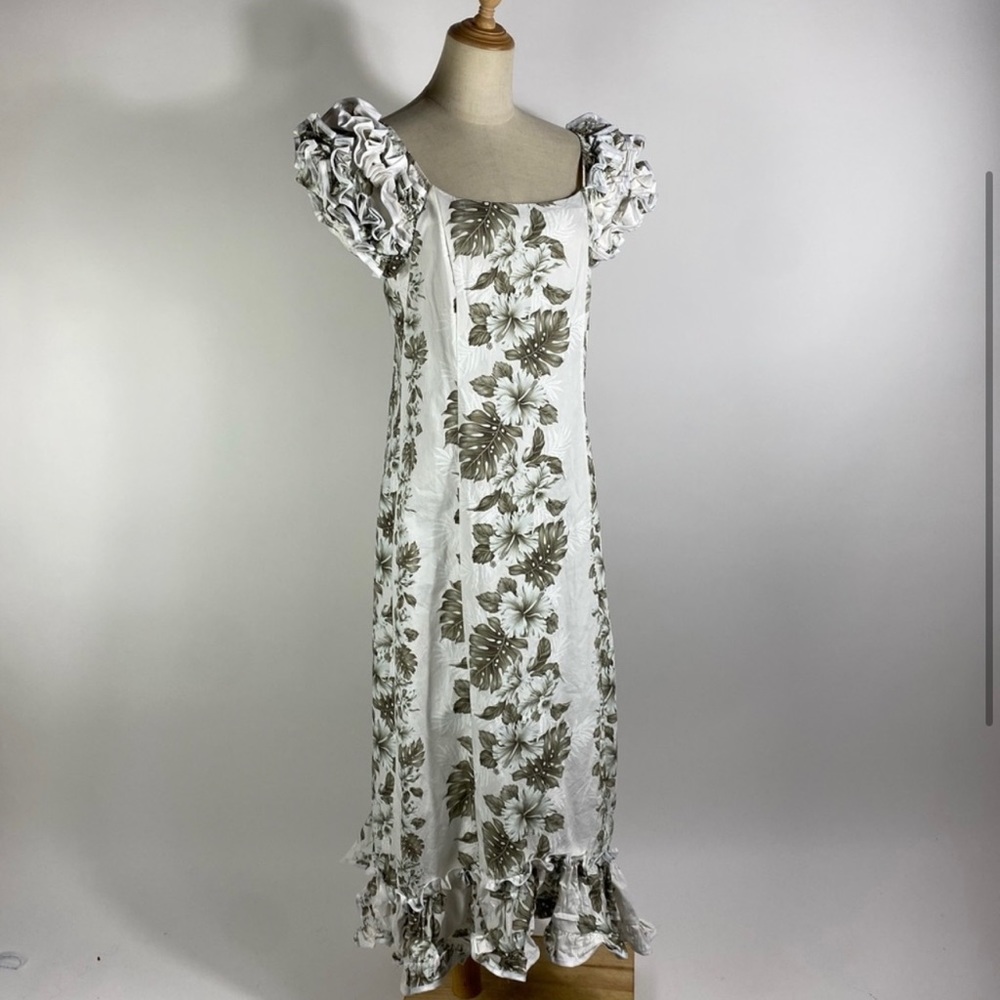 VINTAGE 90s Hawaiian Puff Ruffle Sleeve Monstera Tropical Leaf Maxi Dress Large